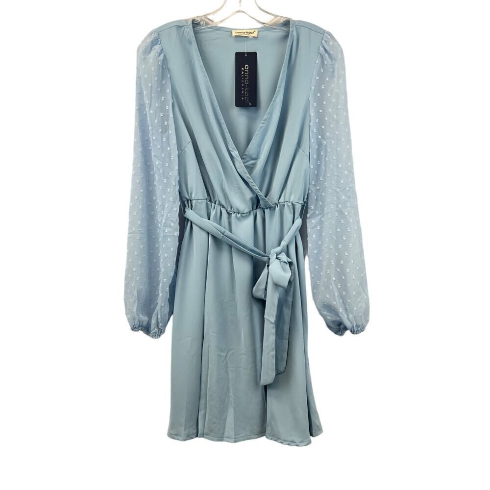 Anna-Kaci Long Sheer Sleeve A-Line Dress V-Neck Blue Size Small Above Knee New